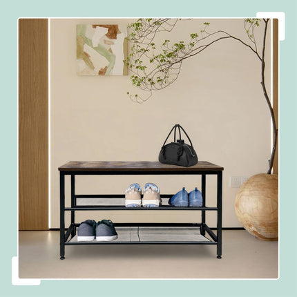 Industrial Shoe Rack – Iron Shelves, Wood-Effect Top