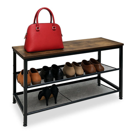 Industrial Shoe Rack – Iron Shelves, Wood-Effect Top