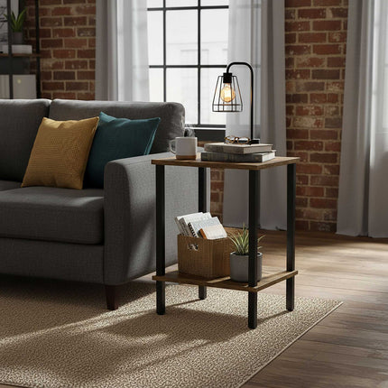Industrial Side Table with 2 Shelves, Wood-Effect