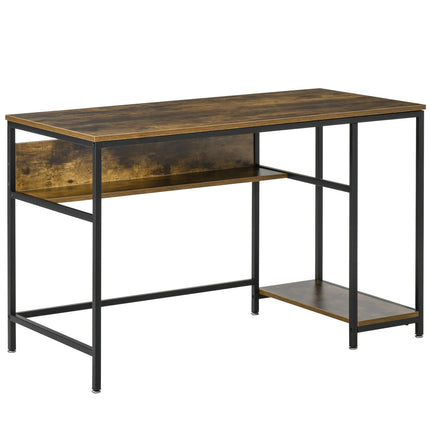 Industrial computer table with shelves, rustic brown
