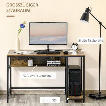 Industrial computer table with shelves, rustic brown