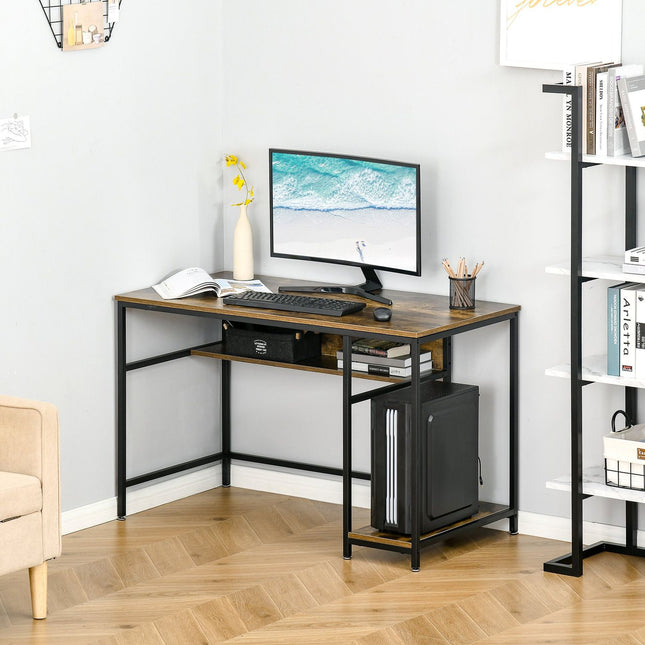 Industrial computer table with shelves, rustic brown