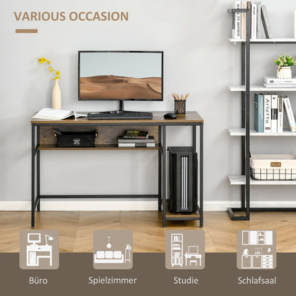 Industrial computer table with shelves, rustic brown