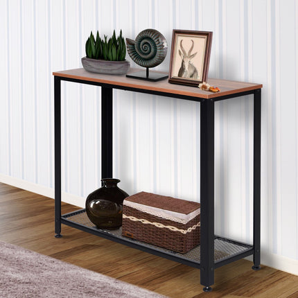 Industrial console table with metal grid shelf, 101x35x80 cm