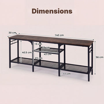 Industrial TV Stand for 65 Inch TVs with Mesh Shelves, Rustic Brown, 4 Hooks