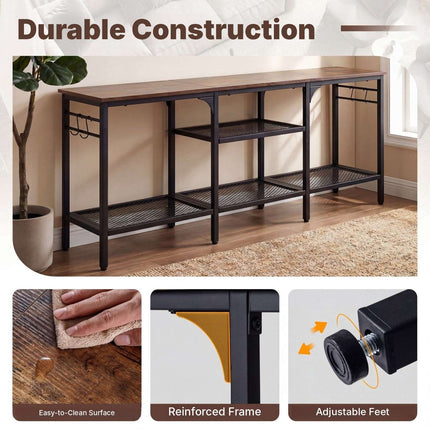 Industrial TV Stand for 65 Inch TVs with Mesh Shelves, Rustic Brown, 4 Hooks