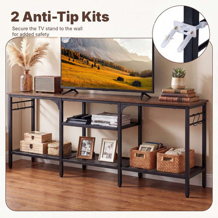 Industrial TV Stand for 65 Inch TVs with Mesh Shelves, Rustic Brown, 4 Hooks