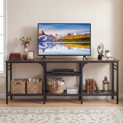 Industrial TV Stand for 65 Inch TVs with Mesh Shelves, Rustic Brown, 4 Hooks
