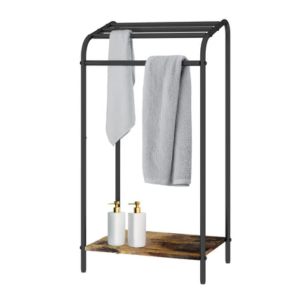 Industrial Towel Stand with Shelf – Black Metal & Wood