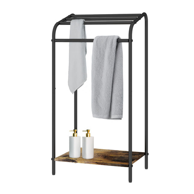 Industrial Towel Stand with Shelf – Black Metal & Wood