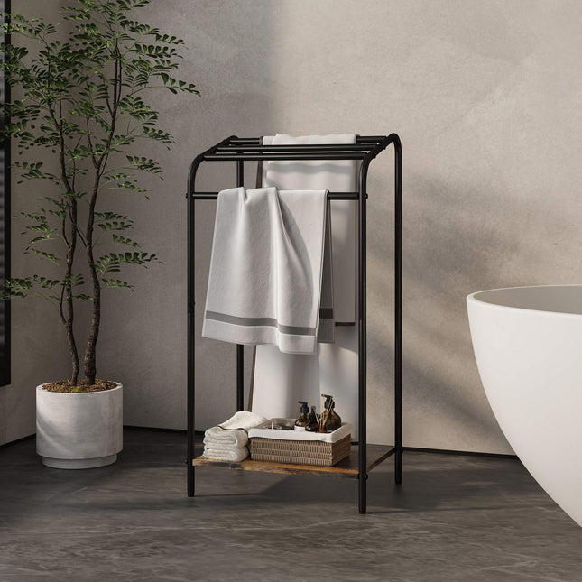 Industrial Towel Stand with Shelf – Black Metal & Wood