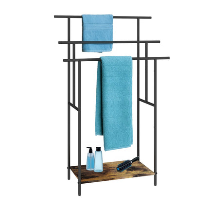 Industrial Towel Stand with Shelf – Black Metal, Wood Finish