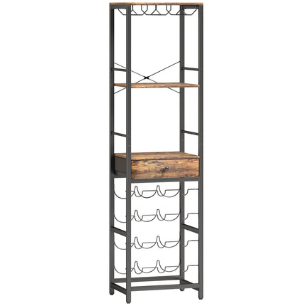 Industrial Wine Bar Cabinet with Drawer, Rustic Brown, 12-Bottle Rack