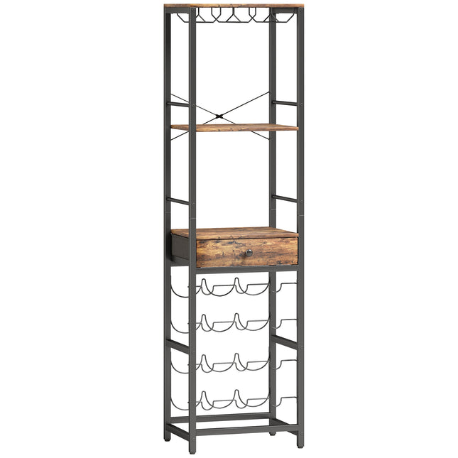 Industrial Wine Bar Cabinet with Drawer, Rustic Brown, 12-Bottle Rack