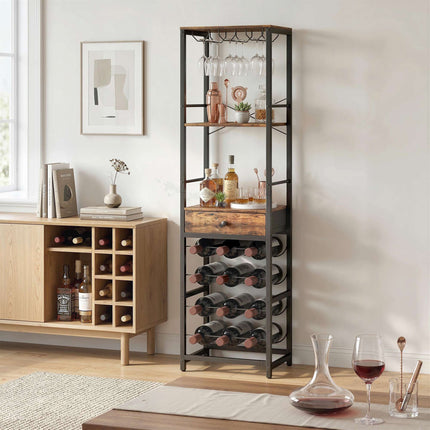 Industrial Wine Bar Cabinet with Drawer, Rustic Brown, 12-Bottle Rack