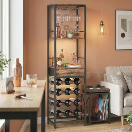 Industrial Wine Bar Cabinet with Drawer, Rustic Brown, 12-Bottle Rack