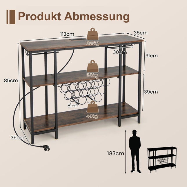Industrial Wine Rack with Glass Holder & Shelves & Sockets for 15 Wine Bottles Wine Cabinet Brown
