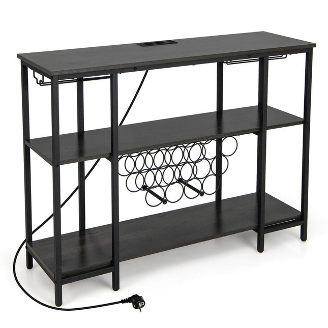 Industrial Wine Rack with Glass Holder & Shelves & Sockets for 15 Wine Bottles Wine Cabinet Gray