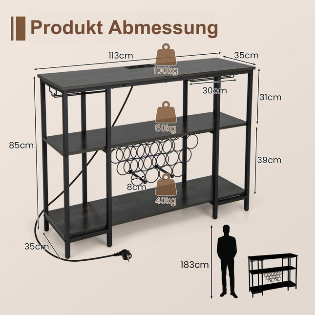 Industrial Wine Rack with Glass Holder & Shelves & Sockets for 15 Wine Bottles Wine Cabinet Gray