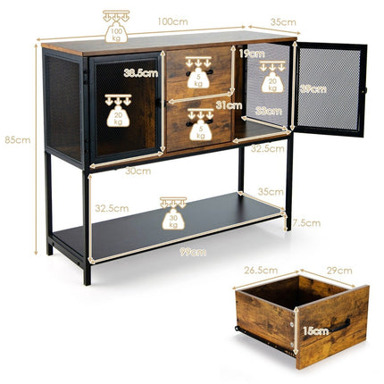 Industrial multifunctional sideboard with 2 mesh cabinets and 2 drawers 100 x 35 x 85 cm