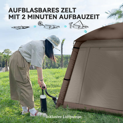 Opblaasbare kampeertent 1-2 persoons buitenfamilietent met luifelhaken Luchtpomp Ramen Deuren Opbergtas Luchttent voor 4 seizoenen Winddichte Glamping-tent Aosom