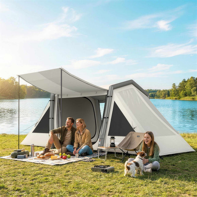Inflatable Camping Tent, 3 Rooms, Darkened Bedroom, Waterproof