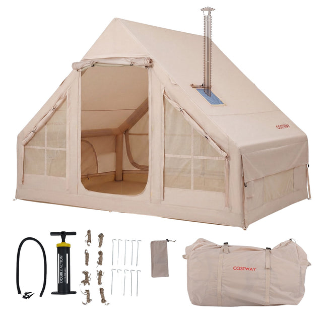Inflatable Camping Tent, 4-Person, Air Pump, Waterproof; Chimney Port