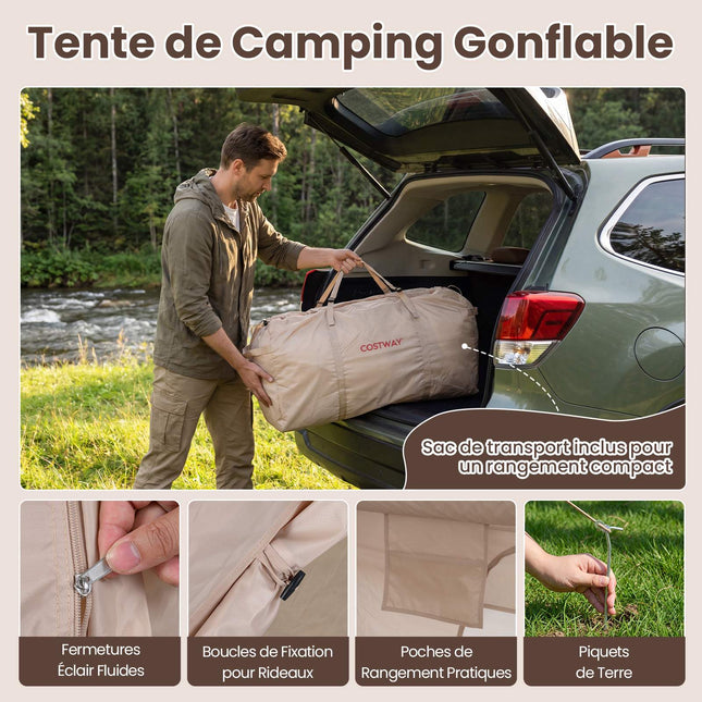 Inflatable Camping Tent, 4-Person, Air Pump, Waterproof; Chimney Port