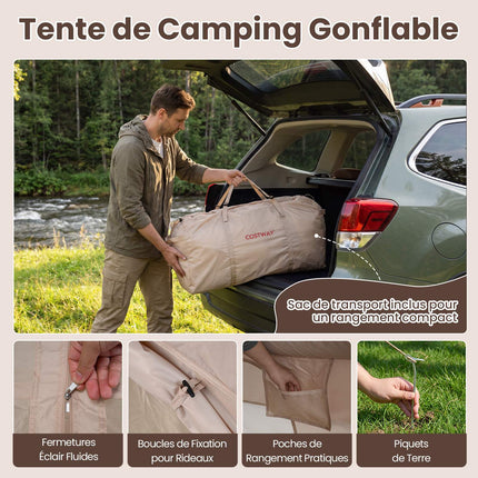 Inflatable Camping Tent, 4-Person, Pump, Waterproof, Skylight