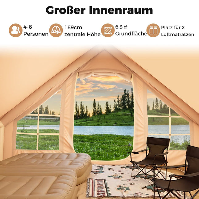 Inflatable Camping Tent for 4-6 People, 4 Mesh Windows