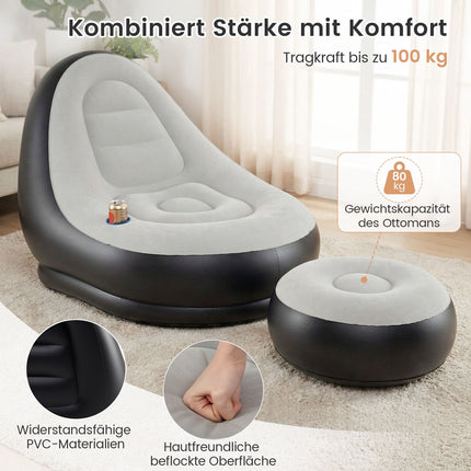 Inflatable Chair with Ottoman, Velour Surface, Cup Holder