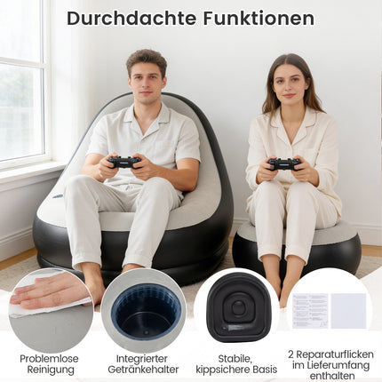 Inflatable Chair with Ottoman, Velour Surface, Cup Holder