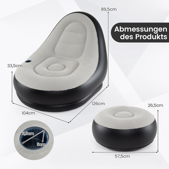 Opblaasbare stoel met voetenbank, velours bekleding en bekerhouder.