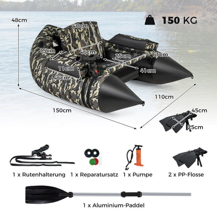 Inflatable Dinghy with Fins & Fish Ruler & Rod Holder Fishing Boat Camouflage