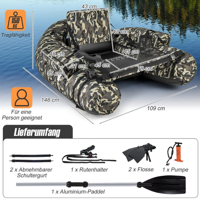 Opblaasbare rubberboot met visliniaal, hengelhouder en peddelvisboot camouflage