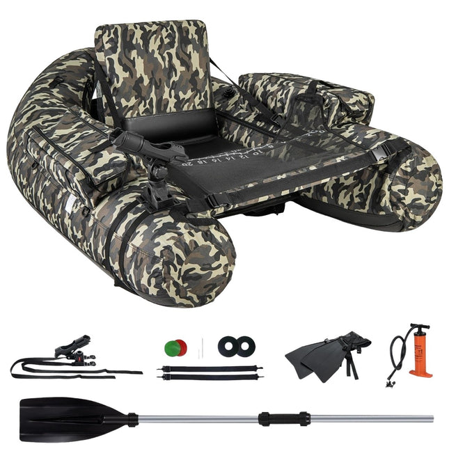 Opblaasbare rubberboot met visliniaal, hengelhouder en peddelvisboot camouflage