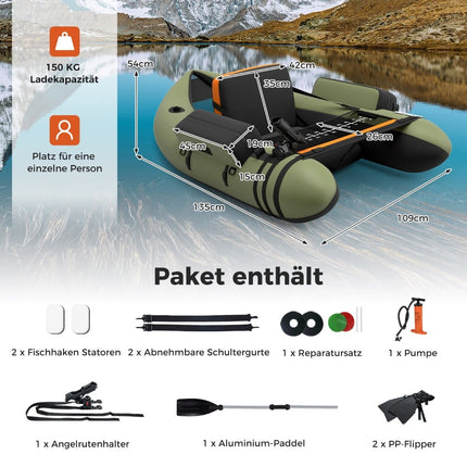 Inflatable Fishing Float Tube with Adjustable Backrest, 135x109x54 cm, Green