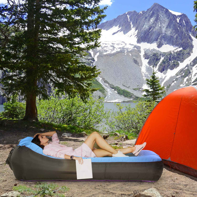Blue waterproof inflatable sun lounger, self-inflating, 200 kg capacity