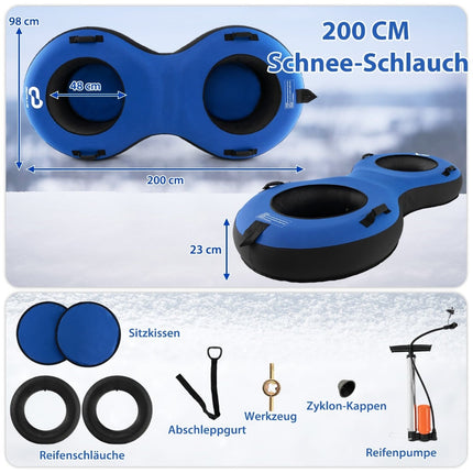 Inflatable Snow Tube for 2, 200cm, Heavy-Duty, Blue