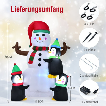 Inflatable Snowman With Penguins, LED Lights, 180 cm