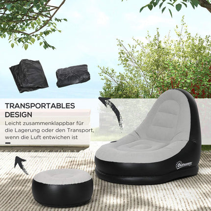 Inflatable sofa with footstool & cup holder, light grey