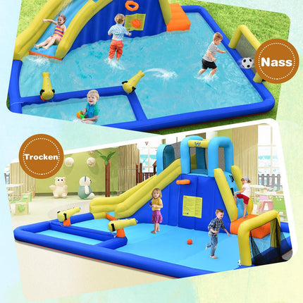 Inflatable Water Park 6-in-1 Bouncy Castle with Water Slide 526 x 373 x 203 cm Blue + Yellow