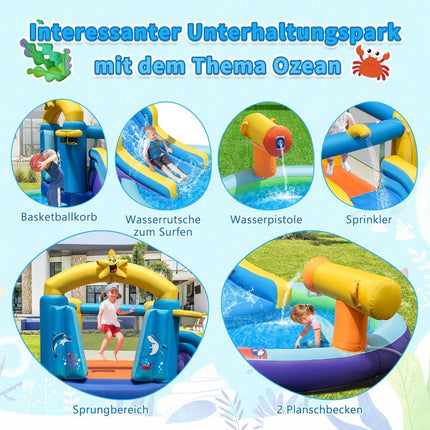 Inflatable Water Slide Park with 2 Pools & 680W Blower & Water Cannon Blue