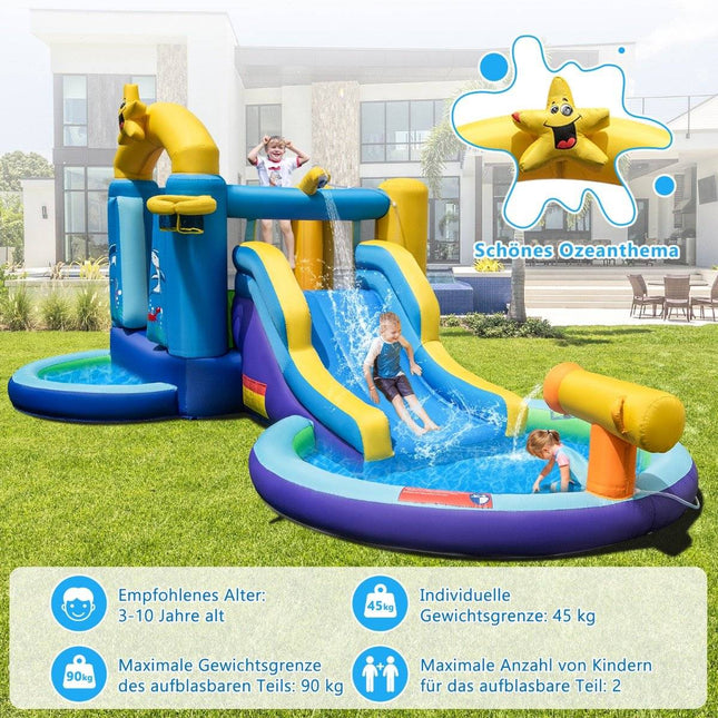Opblaasbaar waterglijbaanpark met 2 zwembaden, 680W blower en waterkanon (blauw)