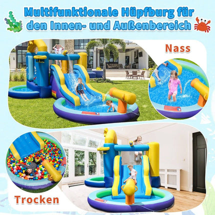 Inflatable Water Slide Park with 2 Pools & 680W Blower & Water Cannon Blue