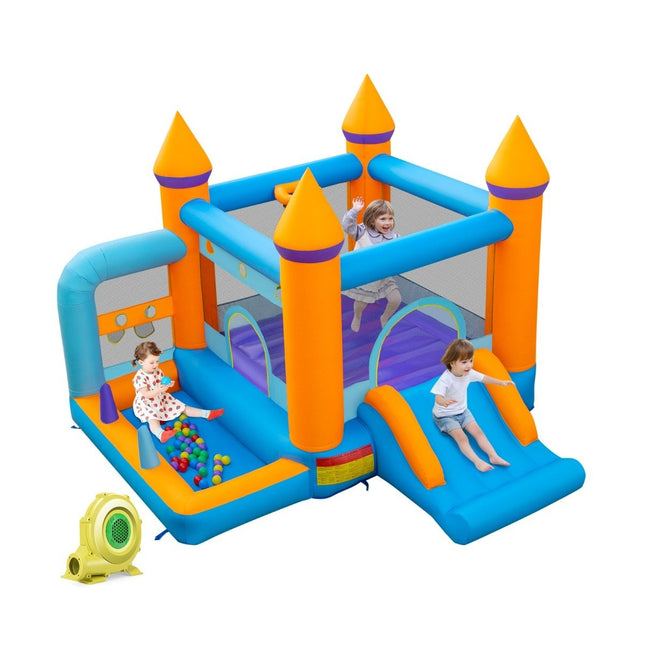 Inflatable bouncy castle for children with ball pit & slide & ring toss game. Includes 735W blower