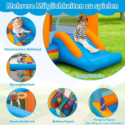 Inflatable bouncy castle for children with ball pit & slide & ring toss game. Includes 735W blower