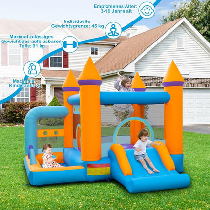 Inflatable bouncy castle for children with ball pit & slide & ring toss game. Includes 735W blower