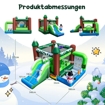 Opblaasbaar springkussen voor kinderen met glijbaan, ballenbak, basketbalring en werpgaten. Speelparadijs in wintermotief met 735 W luchtblazer.