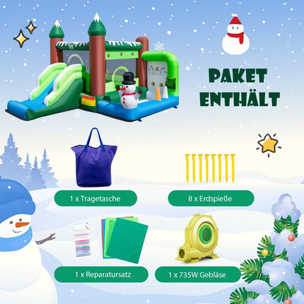 Opblaasbaar springkussen voor kinderen met glijbaan, ballenbak, basketbalring en werpgaten. Speelparadijs in wintermotief met 735 W luchtblazer.